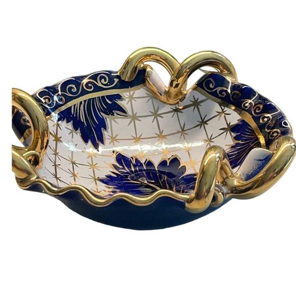 Vintage Blue White and Gold Porcelain China Floral Candy Dish - Picture 1 of 9